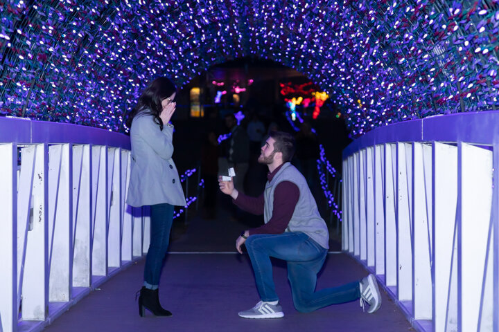 boyfriend proposes to girlfriend on bridge at rhema park in broken arrow oklahoma in rhema christmas lights
