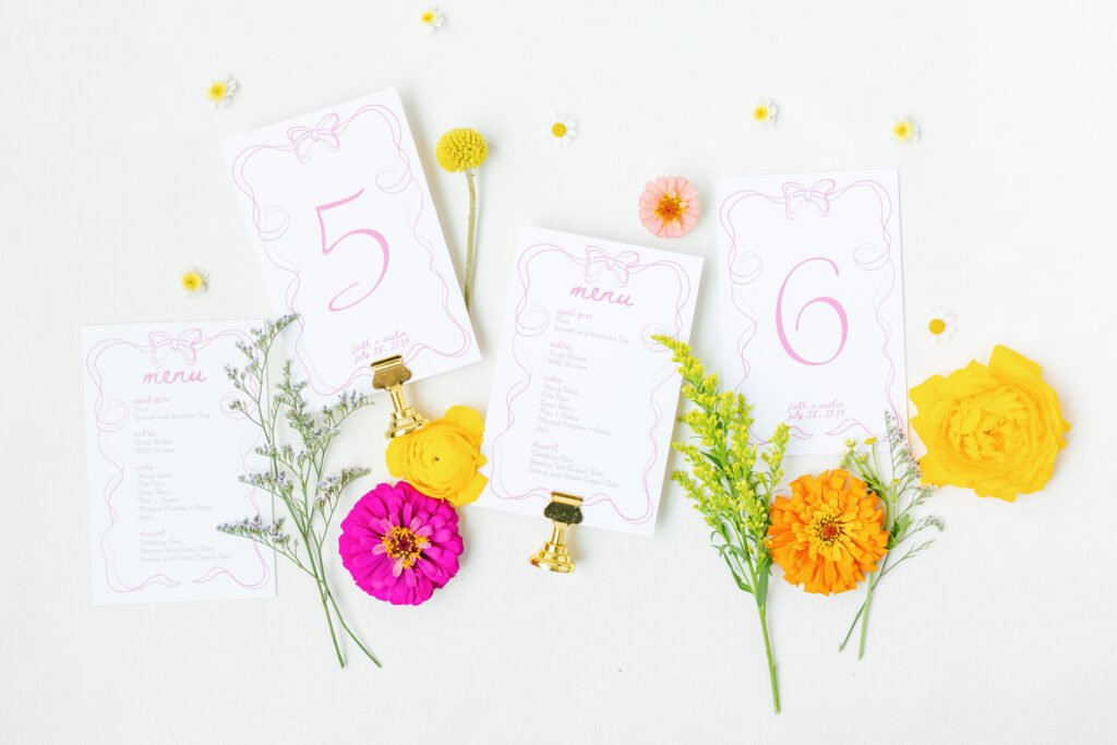 custom pink menu and table cards for wedding day